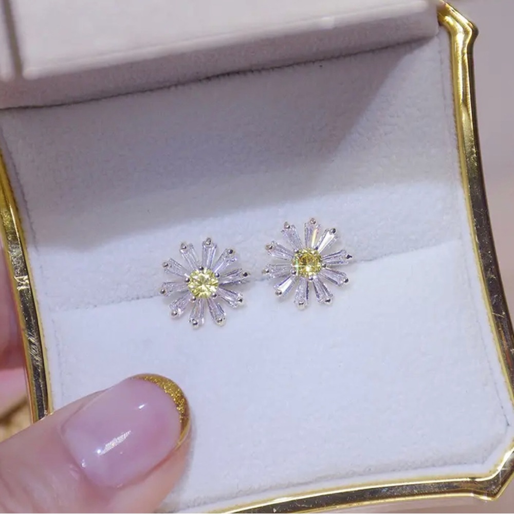 Yellow and White Round Crystal Sunflower 925 Sterling Overlay Earrings - Picture 5 of 7